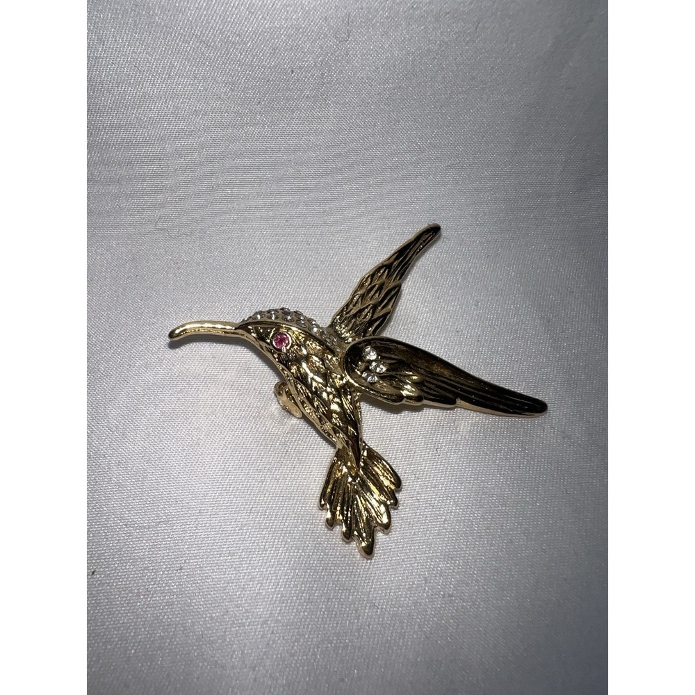 Vintage Gold Tone Rhinestone Red Eye Hummingbird Brooch Pin Jewelry